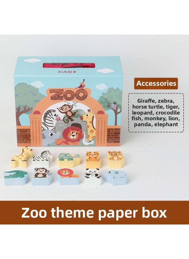 Wooden Theme Carton Set Gift Box. 7 Kindergarten Science And Education Toys Children's Zoo Educational Toys Stall-Color:KABI-Zoo Theme Carton - Image 1